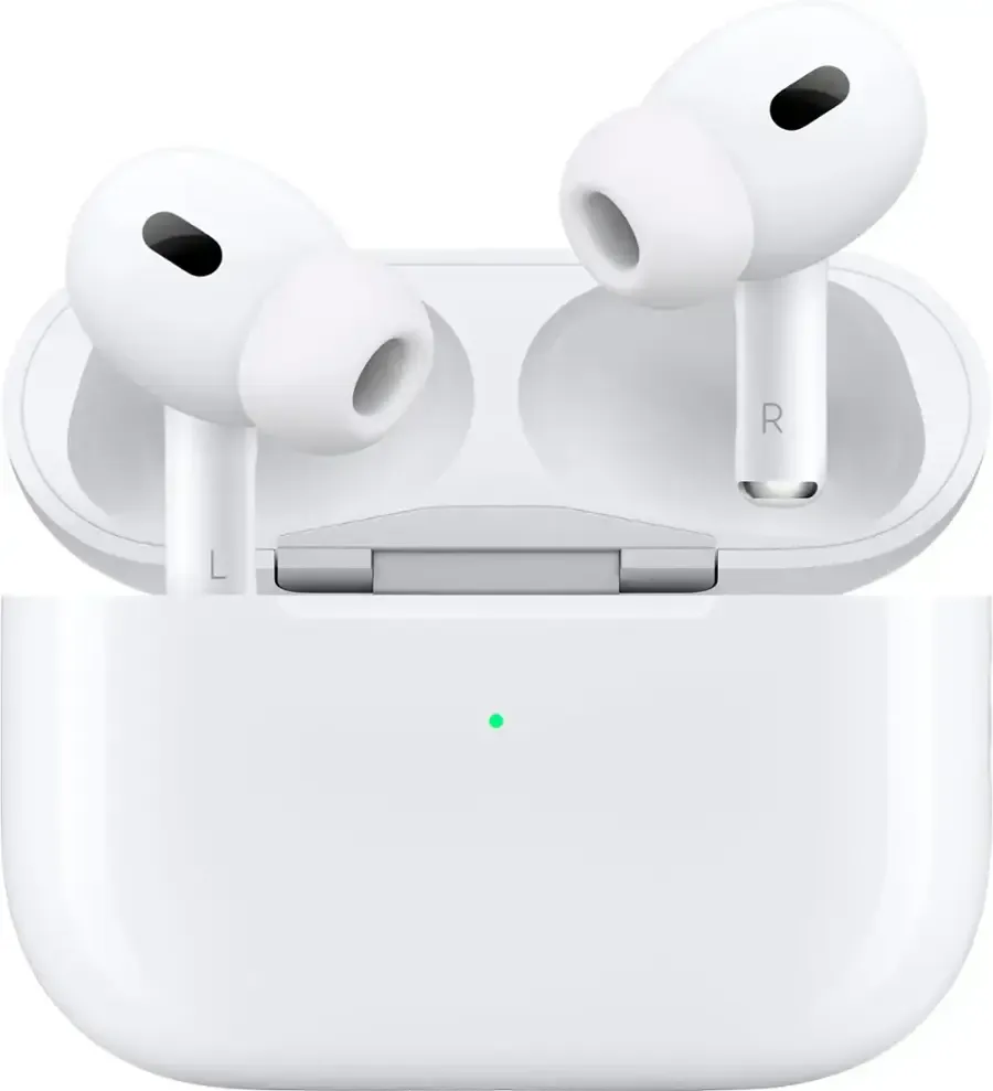 Close-up image of Apple AirPods Pro 2 with MagSafe charging case. Features include active noise cancellation, transparency mode, and a compact in-ear design ideal for travel, workouts, and Apple device integration.