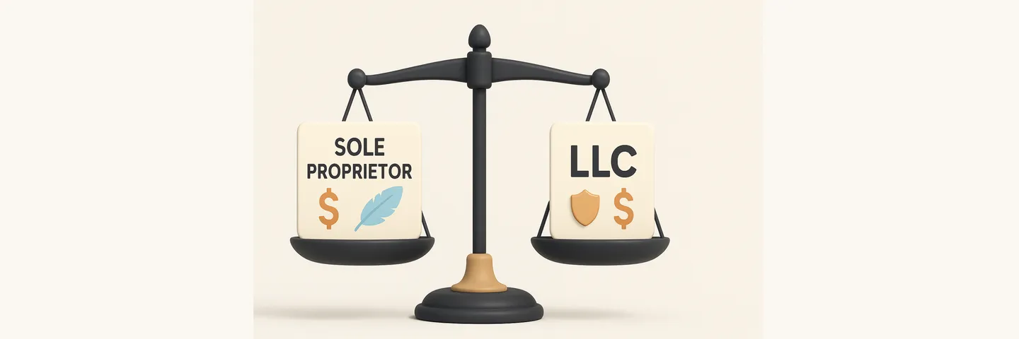Balance scale comparing Sole Proprietor vs LLC for freelancers, showing cost vs liability protection in choosing a business structure