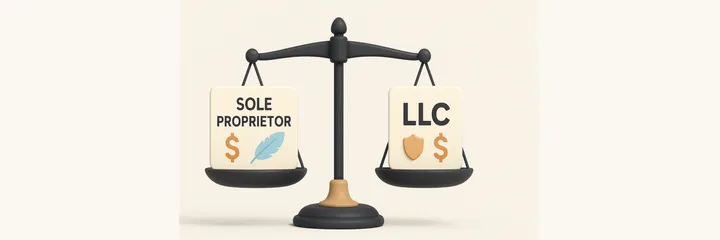 Balance scale comparing Sole Proprietor vs LLC for freelancers, showing cost vs liability protection in choosing a business structure