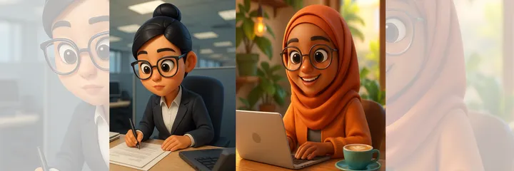 Split-screen image showing a professional woman in business attire working at a corporate office desk with paperwork on the left, and a smiling woman in casual clothing working on a laptop at a cozy home office with coffee on the right, illustrating the contrast between traditional employment and freelancing