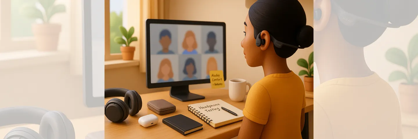 3D illustration of a woman wearing Shokz OpenRun Pro headphones while on a remote video call. A desk setup includes Sony WH-1000XM4 headphones, AirPods Pro 2, a notebook labeled “Headphone Testing,” and a sticky note reading “All-day comfort > features.” The scene represents real-world headphone testing for remote work, travel, and focus.