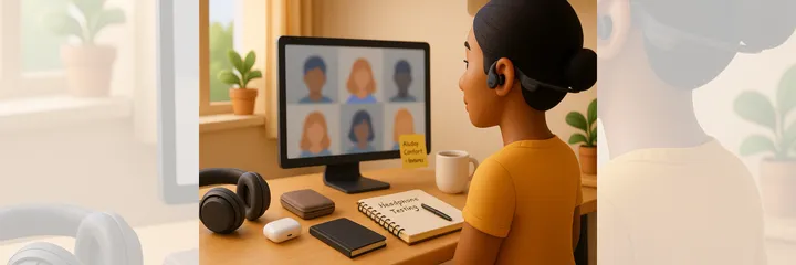 3D illustration of a woman wearing Shokz OpenRun Pro headphones while on a remote video call. A desk setup includes Sony WH-1000XM4 headphones, AirPods Pro 2, a notebook labeled “Headphone Testing,” and a sticky note reading “All-day comfort > features.” The scene represents real-world headphone testing for remote work, travel, and focus.