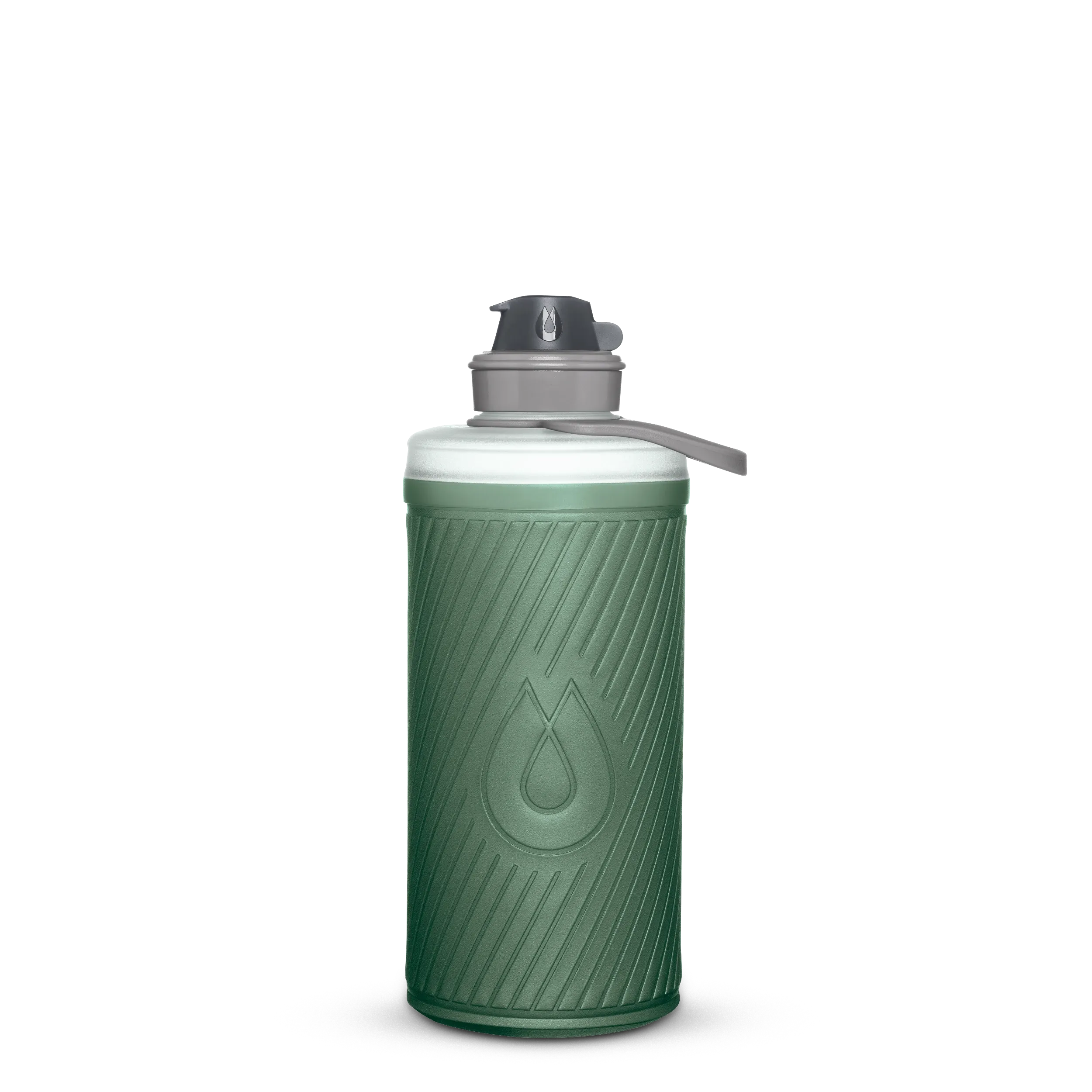 HydraPak Flux 1L collapsible water bottle in Sage Green, with a screw-on cap, flip-up spout, and carry loop.
