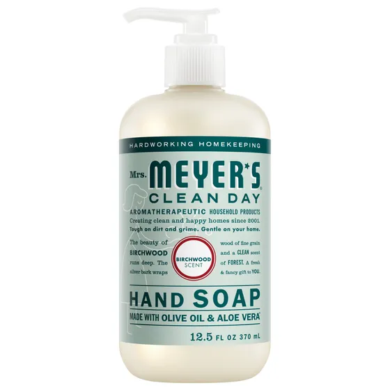 Mrs. Meyer's Clean Day Birchwood liquid hand soap, 12.5 fl oz pump bottle with a sage green label.
