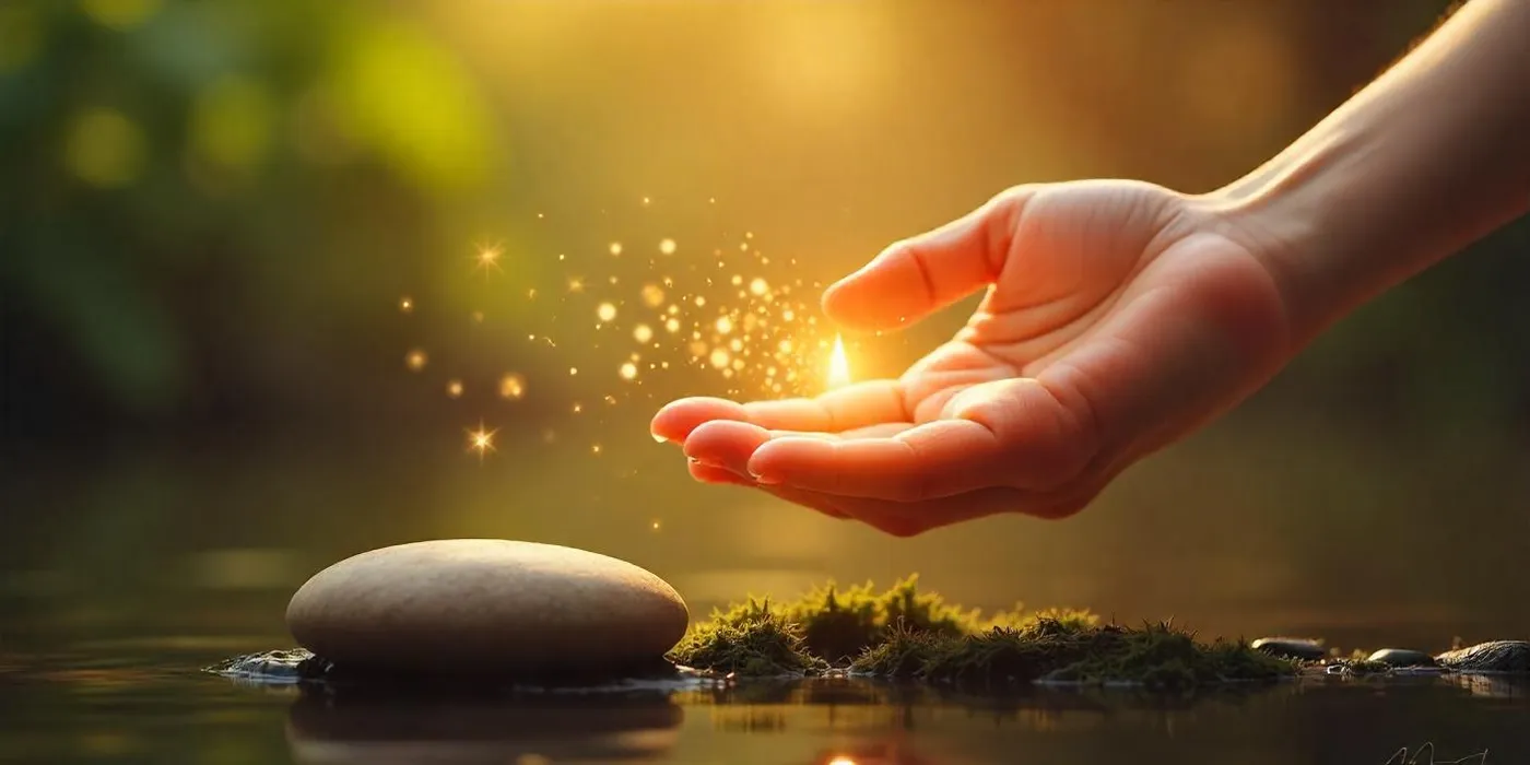 An open hand releasing glowing sparks of light above a smooth stone