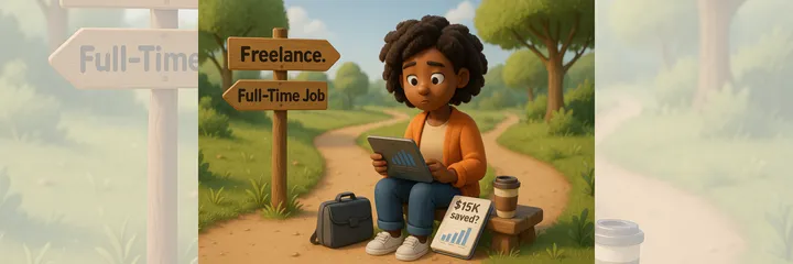 3D cartoon illustration of a woman sitting at a fork in the road with signs pointing to “Freelance” and “Full-Time Job.” She is reviewing financial charts on a tablet, next to a laptop bag, coffee cup, and a document labeled “$15K saved?”—symbolizing financial planning before transitioning to full-time freelancing.