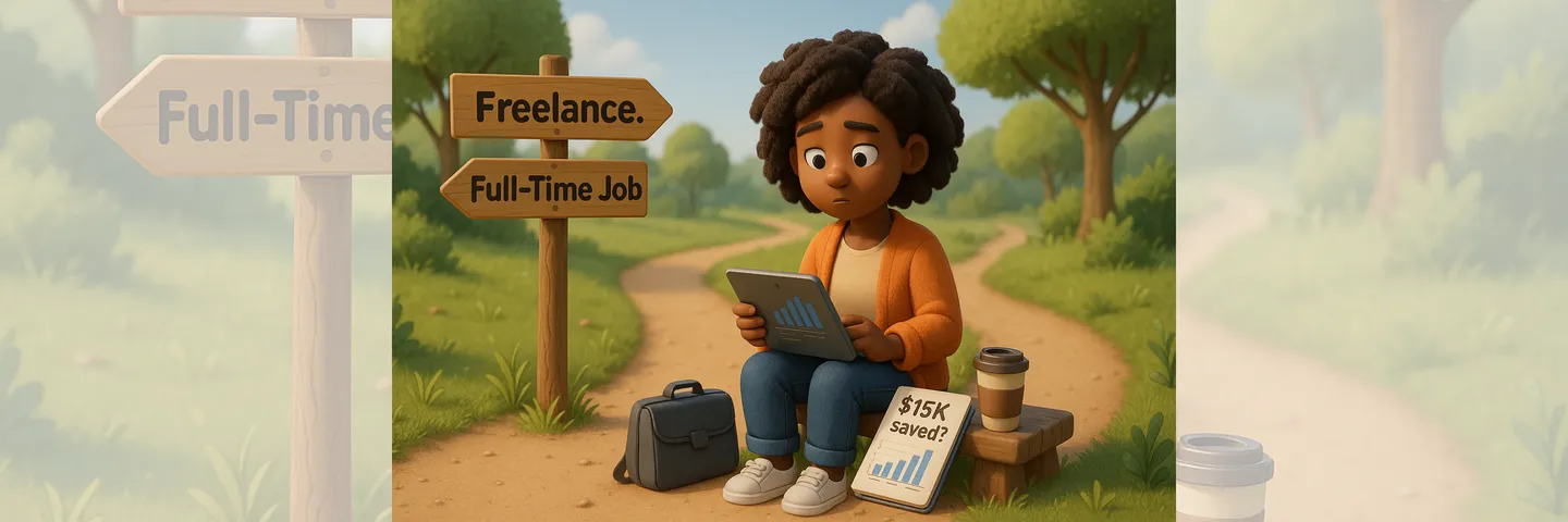 3D cartoon illustration of a woman sitting at a fork in the road with signs pointing to “Freelance” and “Full-Time Job.” She is reviewing financial charts on a tablet, next to a laptop bag, coffee cup, and a document labeled “$15K saved?”—symbolizing financial planning before transitioning to full-time freelancing.