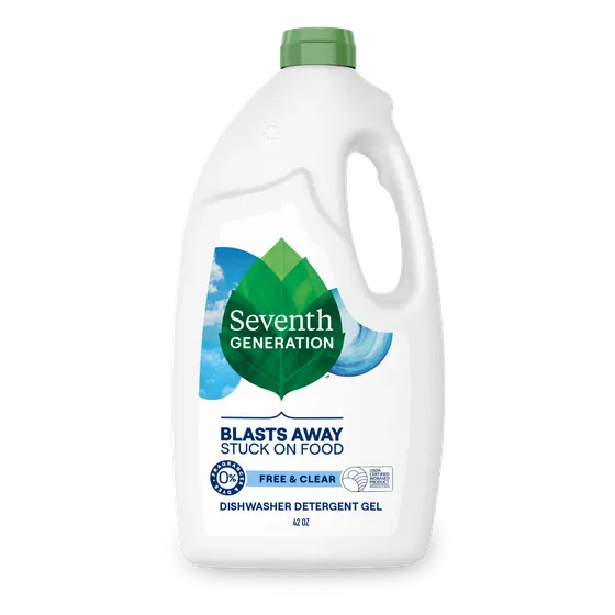 Seventh Generation Dishwasher Detergent Gel, Free & Clear, 42 oz bottle.