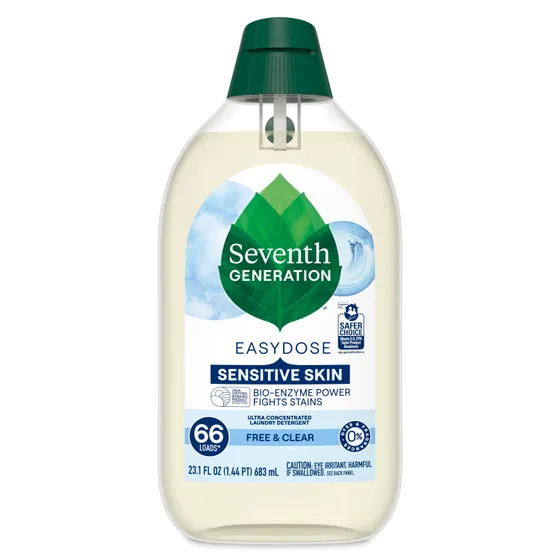 Seventh Generation EasyDose Free & Clear laundry detergent, 23.1 fl oz bottle with a green cap.