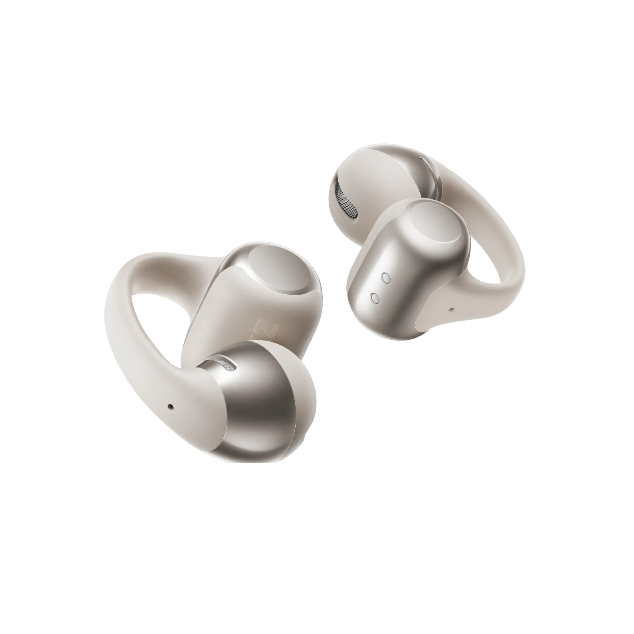 Product image of Shokz OpenDots ONE clip-on open-ear earbuds in white and silver. A lightweight clip design that sits outside the ear canal for all-day comfort during calls and work.