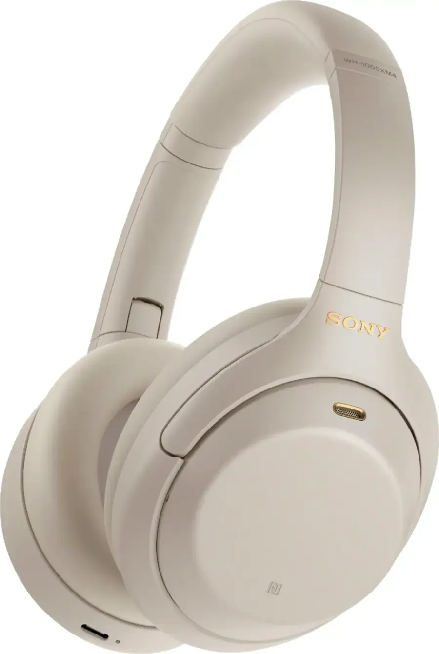 Product image of Sony WH-1000XM4 over-ear wireless noise-canceling headphones in silver. Known for exceptional sound quality, long battery life, and premium comfort—ideal for travel, deep focus, and immersive listening.