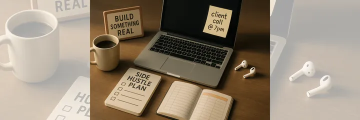 Flat lay of a side hustle workspace with laptop showing sticky note for client call at 7pm, coffee mugs, AirPods, notebook titled 'Side Hustle Plan', and motivational sign reading 'Build Something Real'—symbolizing freelancing while working full-time.