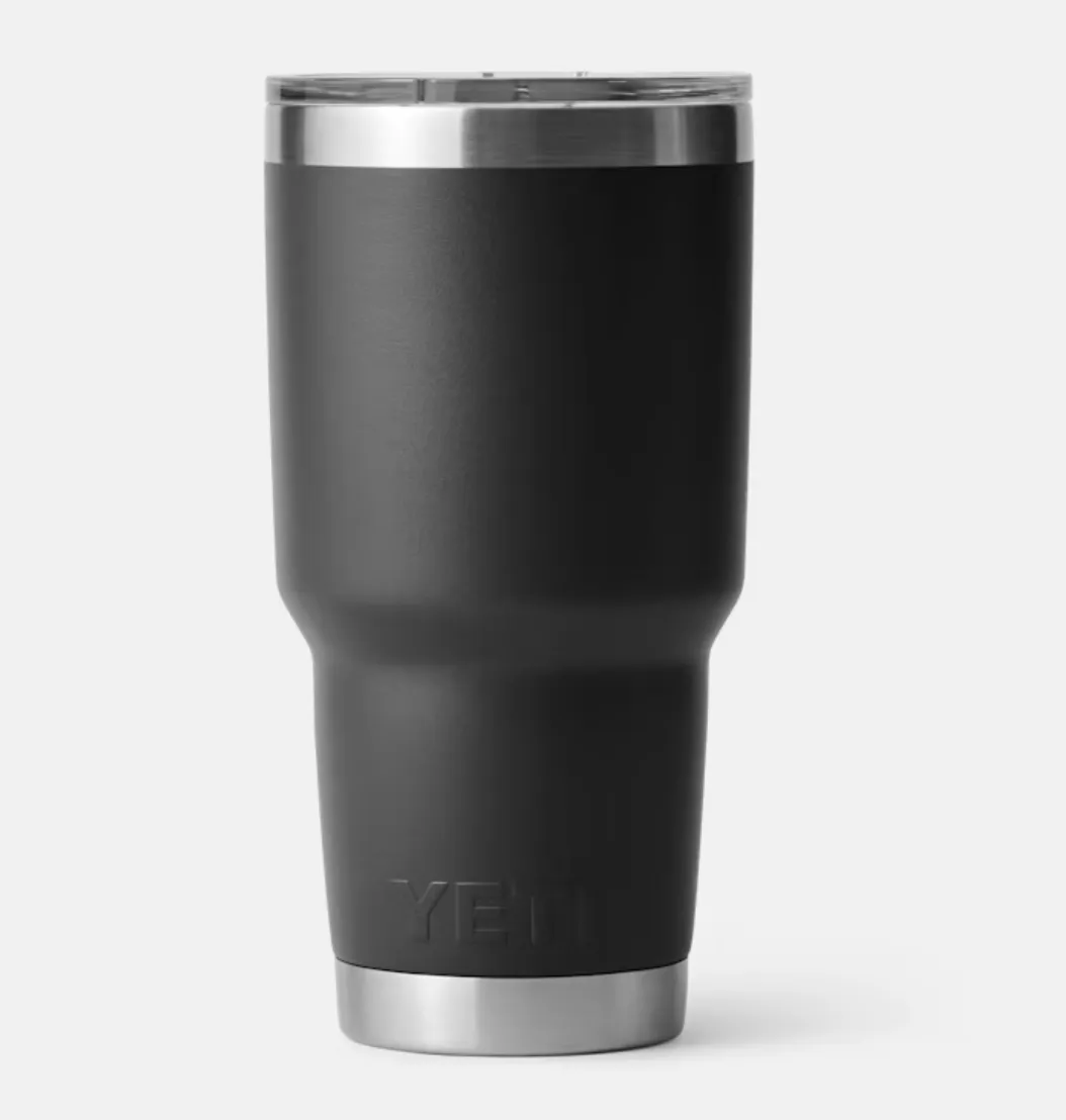 Yeti Rambler 30oz tumbler in black with MagSlider lid, featuring double-wall vacuum insulation and stainless steel construction for hot or cold drinks.