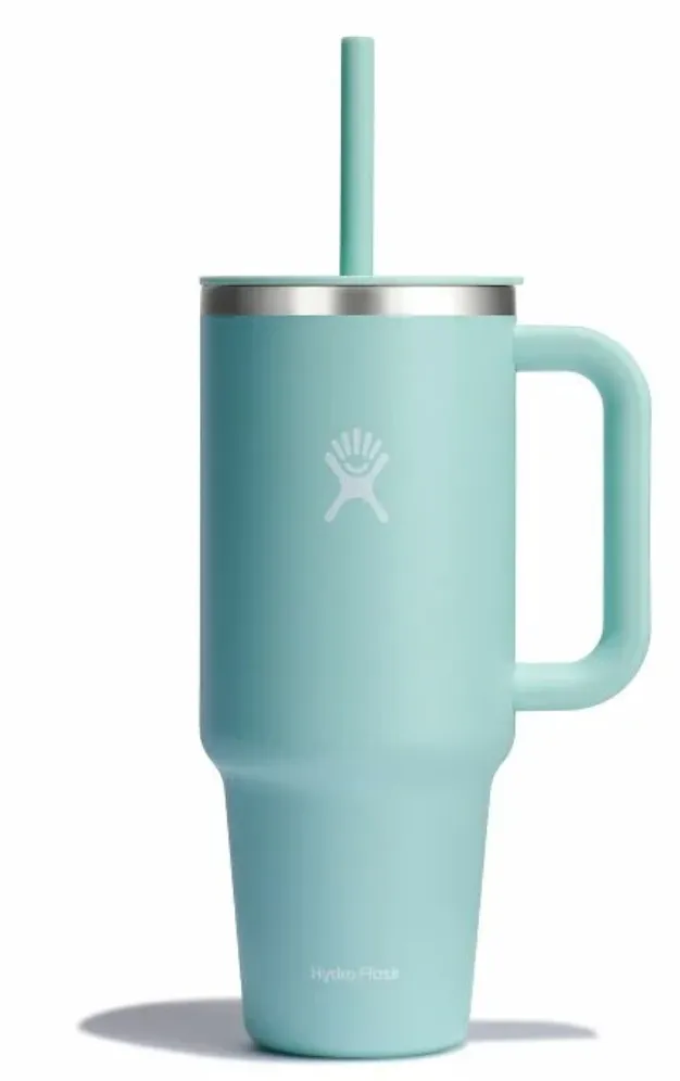 Hydro Flask 40oz All Around Travel Tumbler in seagrass green with straw lid and handle, designed for all-day hydration and cup holder compatibility.