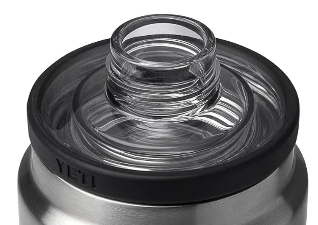 Close-up of Yeti Rambler chug cap with wide-mouth opening and clear spout, designed for fast-flow hydration and easy cleaning.