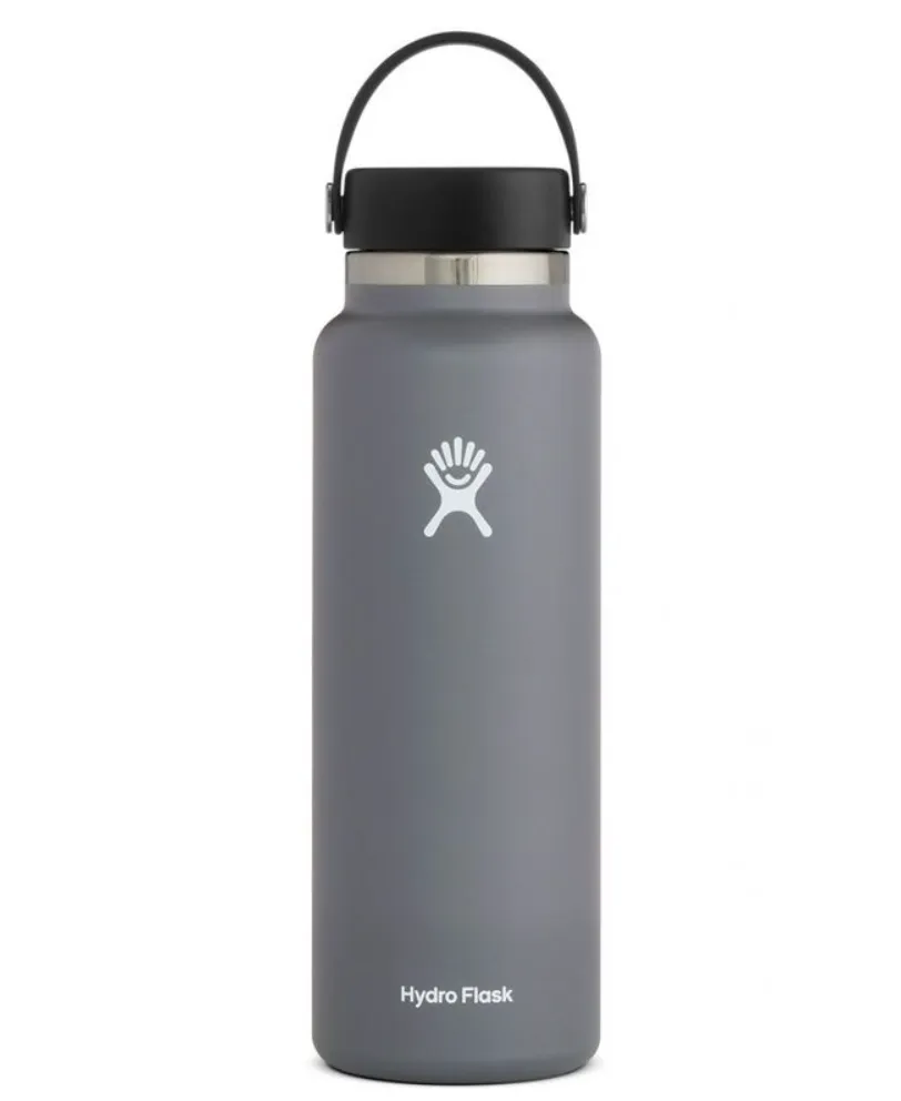 Hydro Flask Wide Mouth 40oz water bottle in graphite gray with flex cap, insulated stainless steel design for all-day cold hydration.