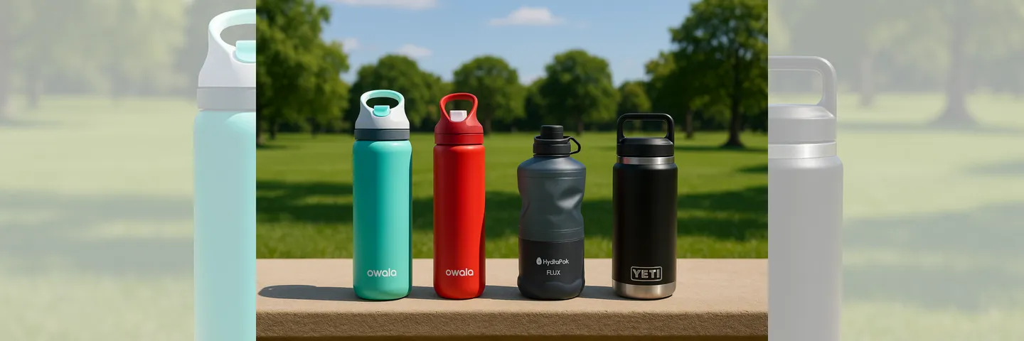 Illustration of four water bottles — two Owala FreeSips, a HydraPak Flux, and a Yeti Rambler — displayed outdoors on a sunny day with a green park in the background, showcasing size and design differences for everyday, travel, and workout use.