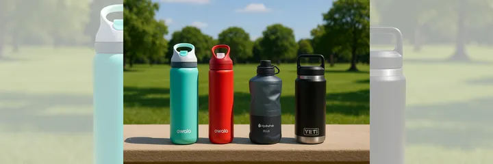 Lineup of four top-rated water bottles — Owala FreeSip, HydraPak Flux, and Yeti Rambler — displayed outdoors on a sunny day with a green park in the background, showcasing size and design differences for everyday, travel, and workout use.
